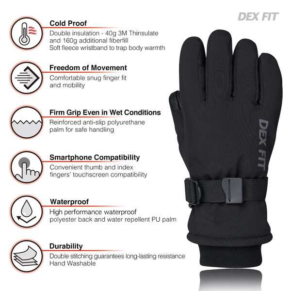 Coldproof Warm Winter Gloves, Waterproof, Double Thermal Finger Protection, Black, Size M 8